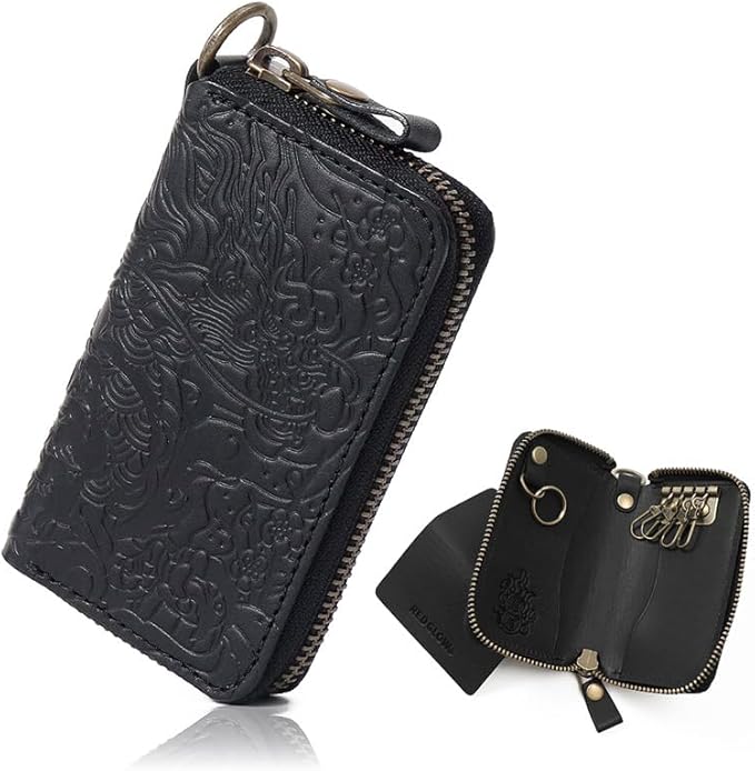 Red Glow Men’s Genuine Leather Smart Key Case, Multi-Function Dragon Pattern with 4 Key Rings & Removable Ring (RG-009)