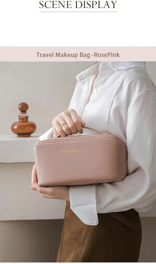 Travel Makeup Bag for Women, Large Capacity PU Leather Toiletry Bag with Multiple Compartments, Waterproof Cosmetic Organizer with Handle, Portable Travel Pouch for Skincare, Rose Pink