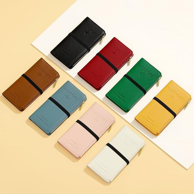 DOB SECHS White Leather Passport Holder, RFID Blocking Passport Wallet Credit Cards Case for Women, Travel Accessories Organizer Pouch Bag with ID Window+Zippered Cash Pocket+SIM Slots