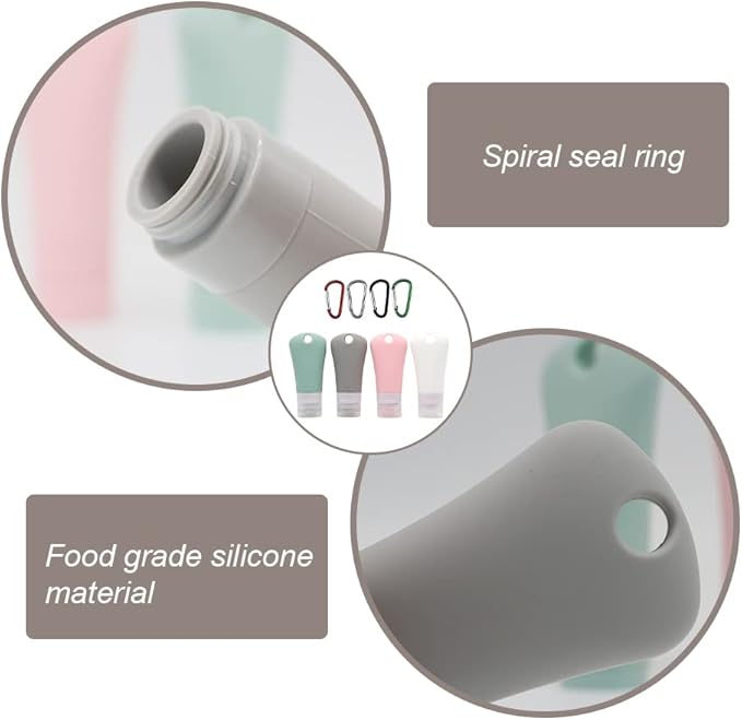 4 Pcs 60ml Leakproof Silicone Travel Bottle Portable Travel Containers Set Refillable Squeezable Container with 4 Hook Carabiner for Travel Toiletries