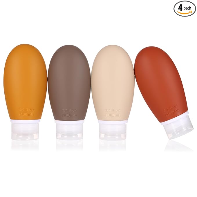 Leak Proof Silicone Travel Bottles,4 Pack 3.4oz Liquid Squeezable Refillable Portable Accessories/Cosmetic Containers,BPA Free,Travel Size Bottles for Toiletries Shampoo Conditioner Lotion(Brown)