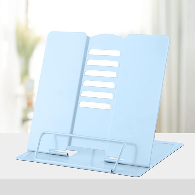 Honagu Metal Desk Book Holder, Adjustable Cookbook & Document Holder, Portable Bookstand for Music Books, Textbooks, Recipes, Tablets & iPads (Macaron Blue)