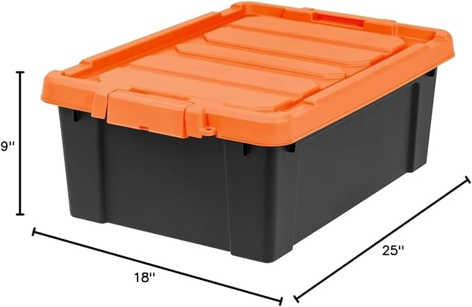 IRIS USA 4 Pack 12 Gallon Lockable Storage Bins, Heavy Duty Stackable Containers with Lids for Garage Organization or Moving, Black/Orange