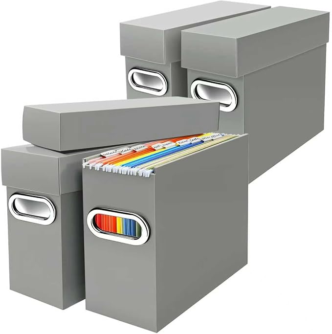 File Organizer Box with Lid & Handle, Heavy Duty Hanging File Folder Storage Boxes for Letter Size, Portable Filing Organizer for Office, Home, Classroom, Greige 4 Pack