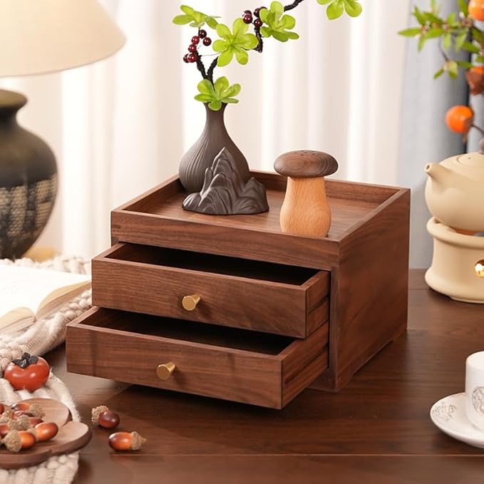 Solid Walnut Wood Desk Drawer Organizer – 1/2 Tier Desktop Storage Box with Drawers for Stationery, Makeup, Jewelry, Remote Control (Double)