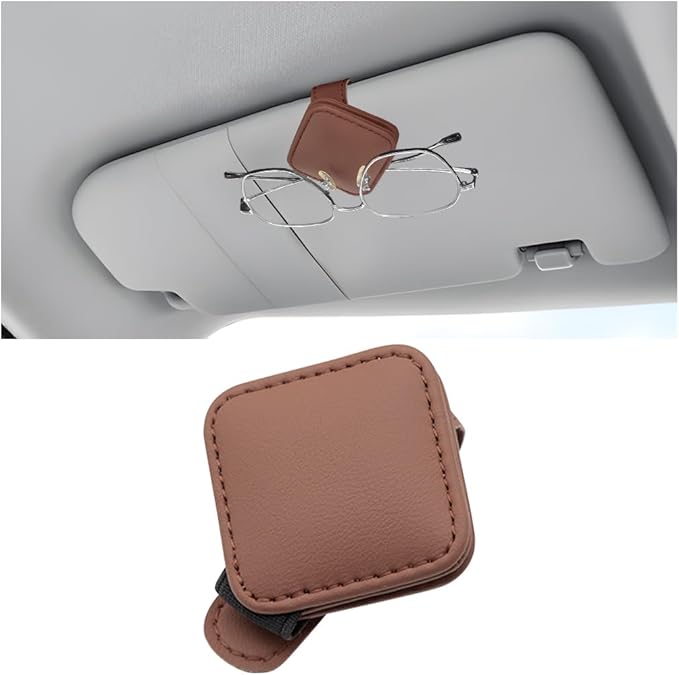 Sunglasses Holder for Car Visor, Magnetic Leather Vehicle Glasses Ticket Card Clip, Automotive Interior Eyeglass Hanger Organizer Accessories, Universal for SUV, Sedan, Truck (Brown)