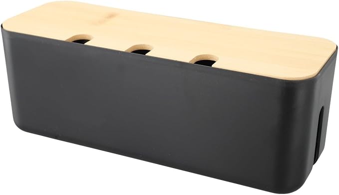 FABULETTA Desktop Cord Organiser Box with Wooden Lid, Cable Management Solution for Power Strip Hider, ABS Plastic Wire Storage Container and Junction Box Cover for Home Office Use(black)