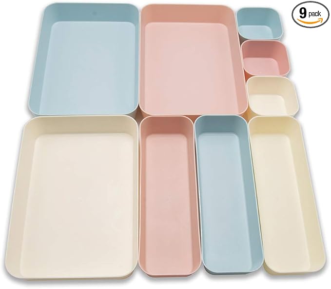 Backerysupply (9 Piece Set) Large Size Plastic Desk Drawer Organizers For Makeup Bathroom Office Kitchen Three Colors