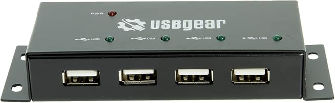 USBGear 4 Port USB 2.0 Mini Metal Hub with Mounting Flanges, 480Mbps Data Transfer, LED Port Indicators, Includes Power Adapter