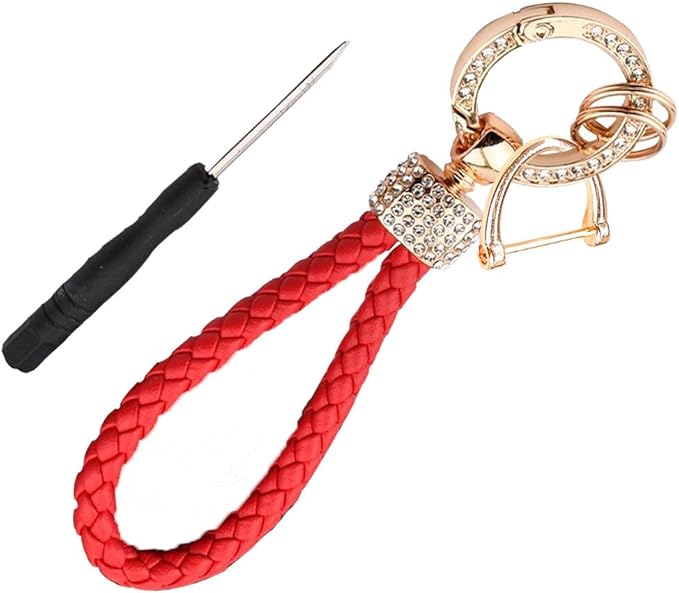 Leather Car Keychain with Bling Rhinestones, Snap Swivel Key Ring, Key Tag Car Key Fob Holder, Key Organizer for Men Women, Anti-Lost D-Ring (Red)