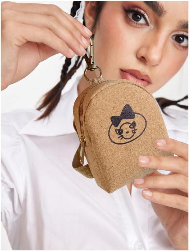 AIBFRID 4Pcs Mini Backpack Keychain,Cute Cosmetic Bag for Women,PU Leather Makeup Bag Key Pocket Lipstick Bag Card Holder Data Cable Organizer Zipper Pouch (Brown Kraft Paper)
