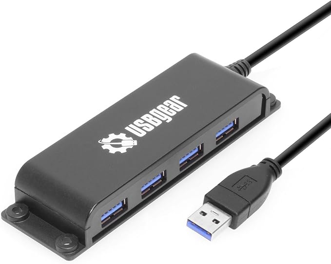 USBGear 4-Port USB 3.2 Hub, Ultra-Compact Data Transfer 10gbps USB-A Hub with 3.3 ft Integrated Extension Cable and Built-in Mounting [No Charging] for Mac, PC, Mobile HDD, Flash Drives