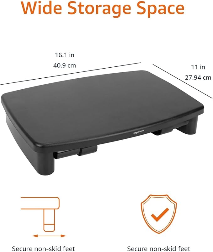 Amazon Basics Height Adjustable Monitor Stand Riser with Storage Organizer, Multifunctional Desk Accessories for Reduced Neck Strain - Fits Monitors, Laptops Up to 22lbs, Black