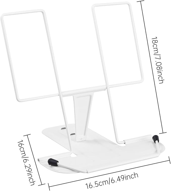 Metal Book Stand for Desk, Adjustable Reading Rest Book Holder, Portable Cookbook Documents Holder, Sturdy Typing Stand for Recipes Textbooks Tablet Music Books with Page Clips (White)