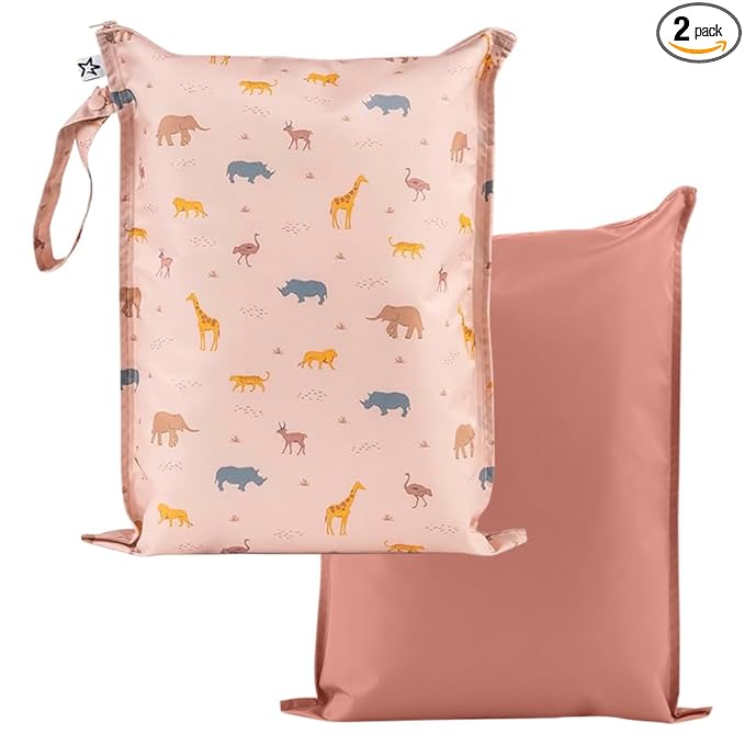 Tiny Twinkle Mess Proof Wet Bags | 2-Pack Reusable Waterproof Wet Bags for Swimsuits | Baby Clothes | Travel & Diaper Bag (Petite Safari)