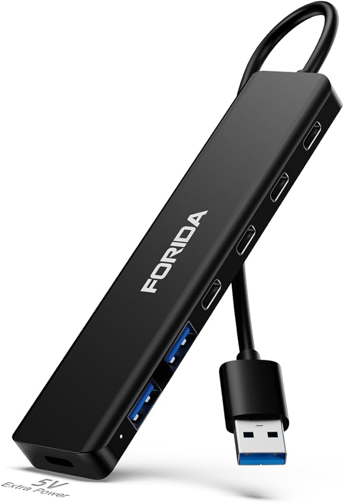 FORIDA USB Hub 3.0 to USBA, 7 in 1 USB Splitter with Ultra-Slim 4 USB C Multiport Extender Adapter for Laptop, 5V Type-C Port & 20cm Extension Cable for Desktop, MacBook More Multiple Devices