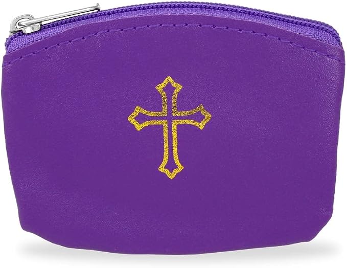 Violet Rosary Pouch with Zipper & Gold St. Thomas Cross Imprint | Compact Leatherette Rosary Case for Small to Medium Rosaries | Protective Travel Rosary Holder for Men & Women