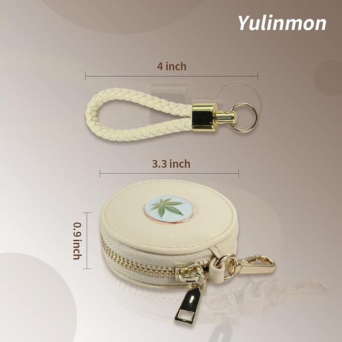 Coin Purse Keychain Bag, Mini Coin Purse with Braided Wrist Strap, PU Leather Makeup Bag, Small Change Pouch Wallet Coin Purse for Women, Mini Classic Wallet (White Leaf)