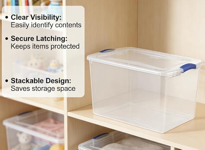 66-quart large-capacity transparent storage box with a safety lock lid, blue plastic container, sturdy and durable, minimalist style, suitable for bedroom storage.