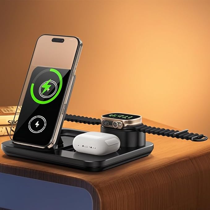 IHAO 3in1 Auto-Rising Wireless Charging Station 15W Fast Charge Ultra-Slim Foldable Design Wireless Charger for Phone Watch Earbud QC3.0 & PD Compatible
