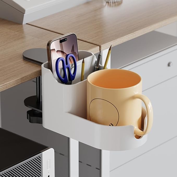 Clamp On Desktop Shelf Organizer - Under Desk Storage Tray with Cup Holder, No Drill Installation, Adjustable Shelf for Phone, Pen & Office Supplies