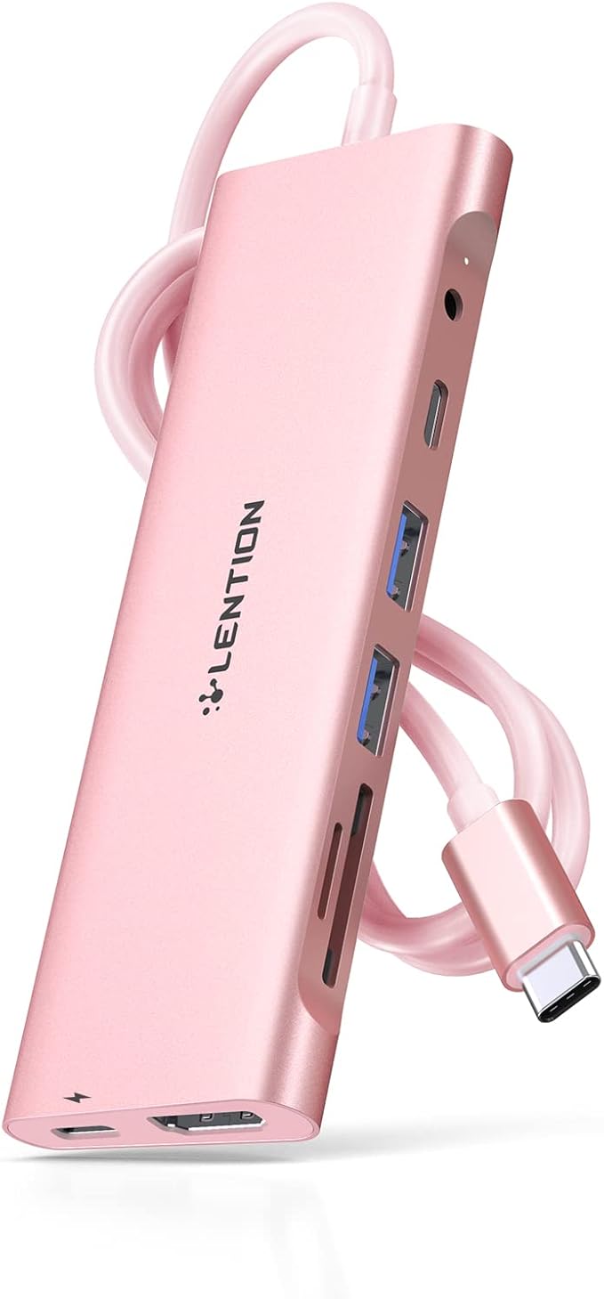LENTION 8-in-1 USB C Hub, Docking Station with 3.3FT Long Cable, 4K HDMI, USB A&C, SD/TF Card Reader, Aux, 100W PD Charging, for MacBook Pro/Air, Dell, HP, Chromebook, Steam Deck (C37-1M, Rose Gold)