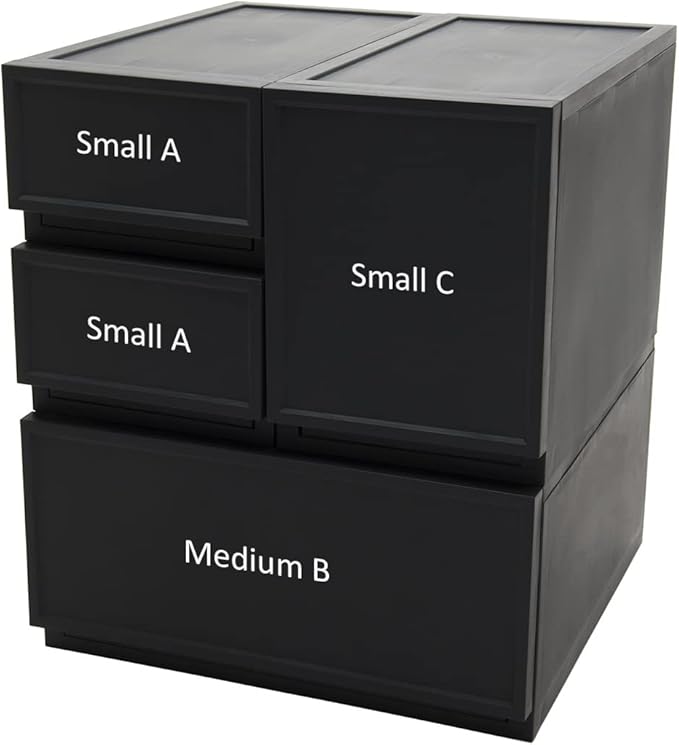 ASTAGE drawer block plastic bins stacking storage modular storage drawer home closet living office organizer with divider (Black, Small C)