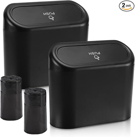 Accmor Car Trash Can with Lid, Mini Auto Dustbin Garbage Organizer Holder 2 Packs, Automotive Storage Container Bin with 60 Pcs Bags for Vehicle, Home, Office