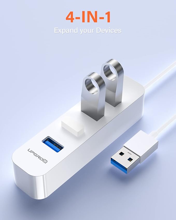 Upgrow USB 3.0 Hub 4-Port USB Hub with 5 Gbps USB Splitter for Laptop MacBook, Mac Pro, Mac mini, iMac, Surface Pro, XPS, PC, Flash Drive, Mobile HDD-White