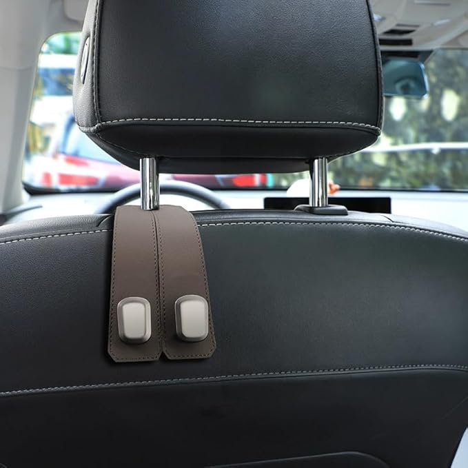 Car Seat Headrest Double Hooks Organizer 1-4 Pack – Heavy Duty Leather & Metal Hook for Bags, Purses, Wallets – Phone Mount – Fits Most Vehicles (brown-4pcs)