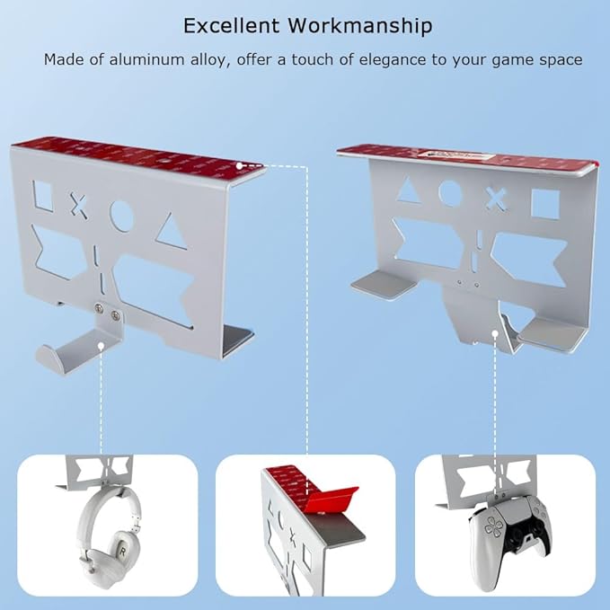 Aluminum Under Desk Mount for PS5/PS5 Slim/ PS5 Pro Digital & Disc, Securing Under Desk Bracket with Detachable Controller & Headphone Holder Kit No Drill (White)