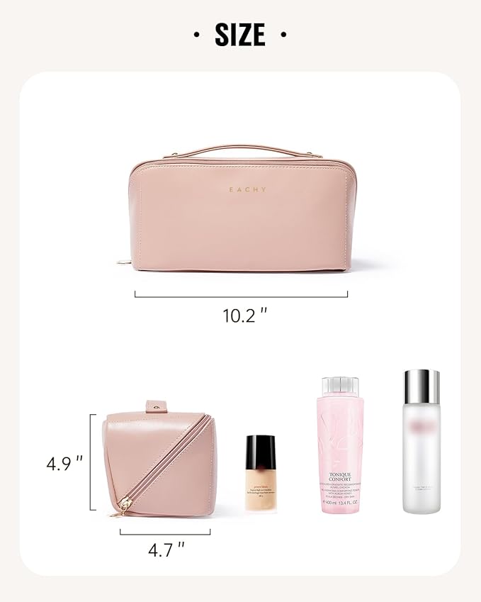 EACHY Travel Makeup Bag, Large Capacity Cosmetic Bag for Women, Waterproof PU Leather, Flat Open Portable Toiletry Bag for Skincare, Brushes & Travel Essentials