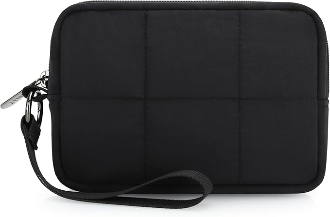 Small Zipper Puffer Makeup Bag for Wristlet Wallets, Quilted Nylon Cosmetic Pouch Organizer Toiletry Bag for Travel, Cute Make Up Bags Purse for Women Girl, Black