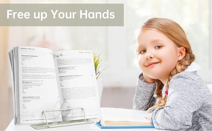 Honagu Book Stand Metal Desk Book Holder, Book Holders for Reading Hands Free, Adjustable Cookbook Documents Holder, Portable Bookstand for Music Books, Textbook, Recipe, Tablet, Ipad (Milky White)