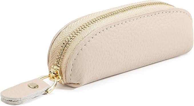 Full Grain Leather Coin Pouch - Travel Small Coin Purse with Zipper - Mini Key Pouch Change Purse for Women and Men (Off White)