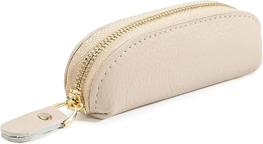 Full Grain Leather Coin Pouch - Travel Small Coin Purse with Zipper - Mini Key Pouch Change Purse for Women and Men (Off White)