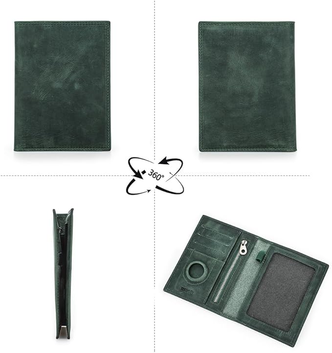 CONTACTS Full Grain Leather Passport Holder RFID Blocking Travel Passport Wallet Compatible with Airtag Passport Cover Case with 4 Cards Slots, Coin Pocket (Green)