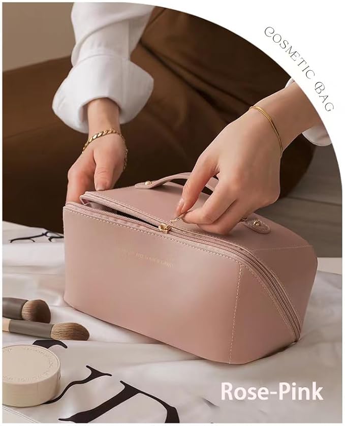 Travel Makeup Bag for Women, Large Capacity PU Leather Toiletry Bag with Multiple Compartments, Waterproof Cosmetic Organizer with Handle, Portable Travel Pouch for Skincare, Rose Pink
