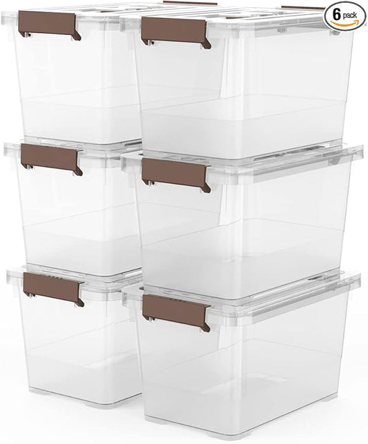 WYT 6-Pack Clear 7 Quart Storage Latch Box/Bins, Plastic Stackable Latching Box with Brown Handle and Lid, Multi-Purpose, 7 Litre