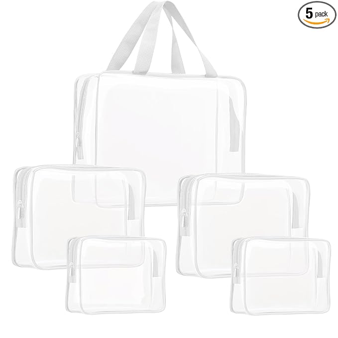 5Pcs Crystal Clear PVC Travel Toiletry Bag Kit for Women Men, Waterproof Vinyl Packing Organizer Storage Bags with Zipper Handle Straps, Cosmetic Pouch Carry on Airport Airline Compliant Bag Handbag