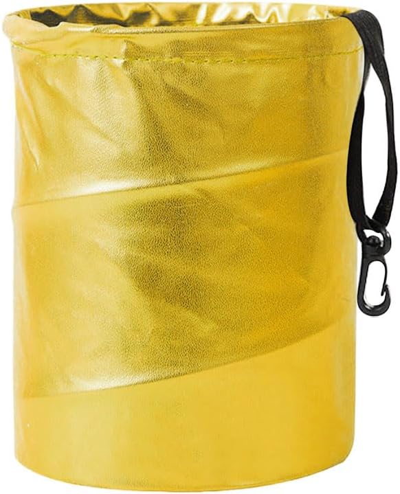 Collapsible Trash Can Car Garbage Bag - Leather Pop-up Car Trash Bin with Elastic Band - Hanging Foldable Garbage Can Vehicle Waste Basket Bin - Double-Layer Washable Bag for Cars Camping (Gold)