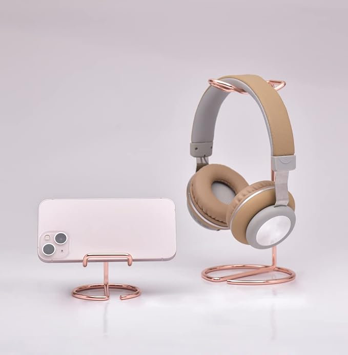 JIARI Headphones Stand and Cell Phone Stand Desktop Metal Holder Accessories 2pcs Set (Rose Gold)