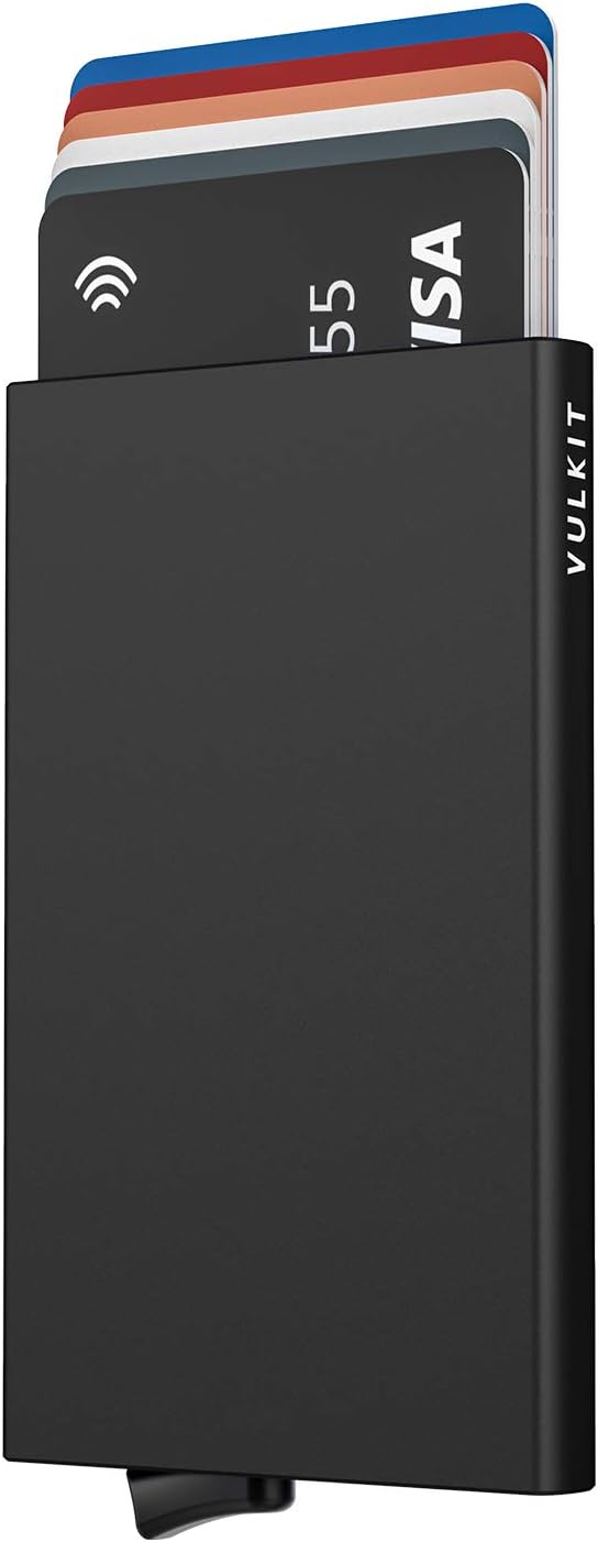 VULKIT Pop Up Wallet, Slim Minimalist Credit Card Holder For Men and Women RFID Blocking Mini Metal Case Black