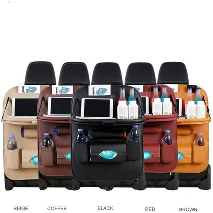 Luxury PU Leather Car Backseat Organizer with Foldable Table – Multi-Functional Car Seat Storage. Waterproof Travel Back Seat Organizer with Cup Holders, Tissue Box & Tablet Pocket (Coffee)
