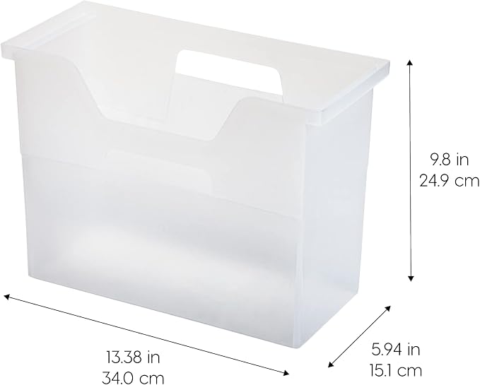 IRIS USA Medium Portable Desktop File Box with Open Top, Side Handles, Hanging File Folders, Tabs & Inserts, Letter Size, For Magazines Newspapers Mail Books Notebooks Binder Homework, Clear