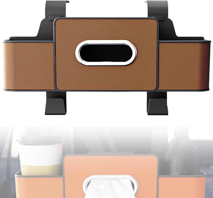 3-in-1 Multifunctional Car Backseat Organizer with Cup Holder, Tissue Box, Trash Bin & Hooks for Hold Phones, Snacks, Drinks, Handbags (Brown)