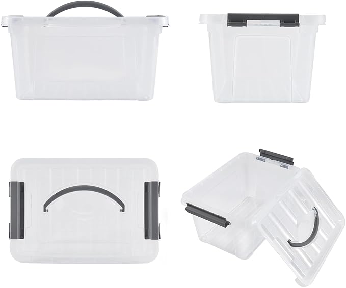 Eslite 6 Quart Plastic Stackable Storage Latch Bins,Clear Latching Box with Handle and Lid,Pack of 6 (Grey Handle)