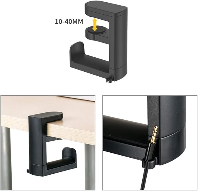 HDW Headphone Stand Holder Mount,Gaming Headset Hanger with Earphone Cable Clip Organizer,Under Desk Headphones Hook with Adjustable 360 Degree Rotation Clamp Black