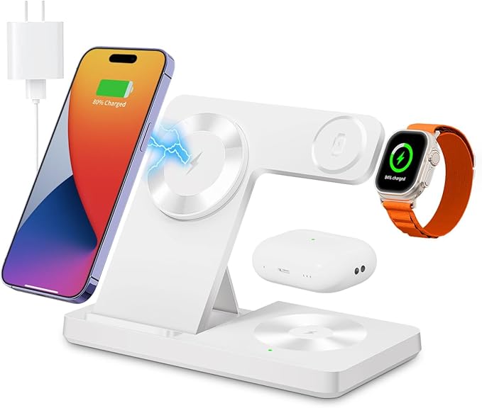 Magnetic 3 in 1 Wireless Charging Station for Magsafe iPhone 12-17 Series, Charging Station for Multiple Devices, Mag-Safe Wireless Charger Stand for Apple Watch Series/Ultra/SE & AirPods 4/3/2/Pro