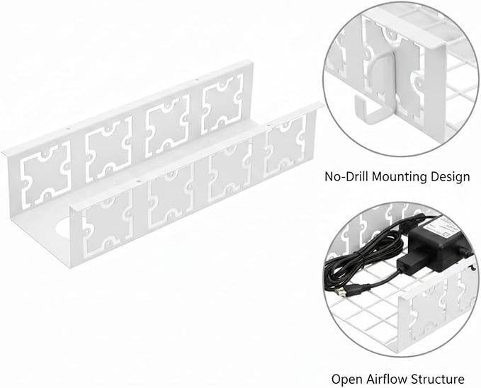Under Desk Cable Management Tray, White Metal Wire Basket for Power Strips & Cords, No-Drill Clamp Mount, 15.7 x 6.3 x 3.5 Inches